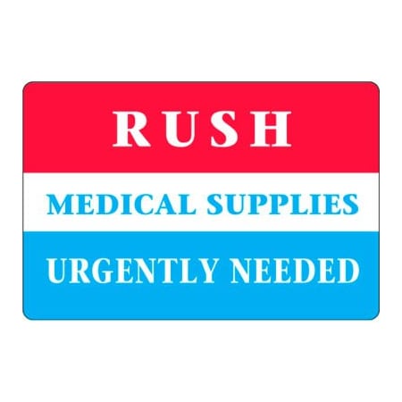 LabelMaster® Rush Medical Supplies Labels, 4L X 2-3/4W, Red/White/Blue, Roll Of 500